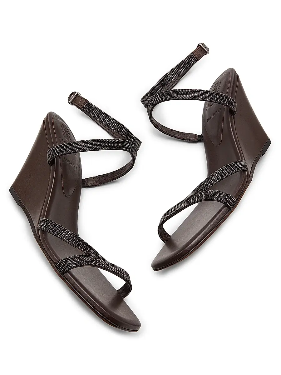 Brunello Cucinelli Women's 80MM Monili Leather Wedge Sandals - Dark Brown | Thumbnail 6 Brunello Cucinelli Women's 80MM Monili Leather Wedge Sandals - Dark Brown | Thumbnail 6