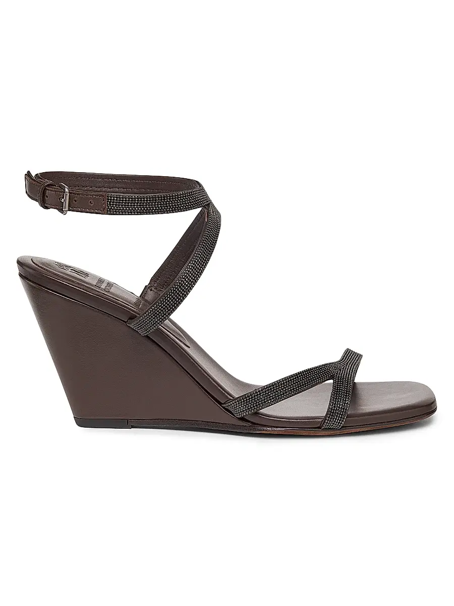 Brunello Cucinelli Women's 80MM Monili Leather Wedge Sandals - Dark Brown | Thumbnail 1 Brunello Cucinelli Women's 80MM Monili Leather Wedge Sandals - Dark Brown | Thumbnail 1