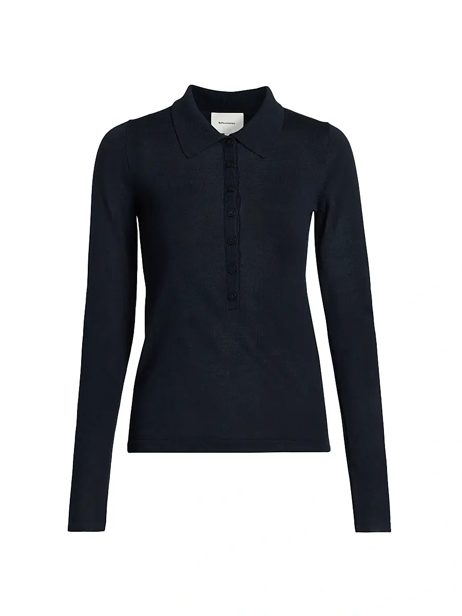 Reformation Women's Wool Knit Polo Shirt - Navy | Image 1 Reformation Women's Wool Knit Polo Shirt - Navy | Image 1