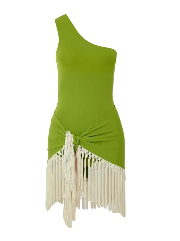 Yacare One-shoulder Swimsuit And Fringed Pareo Set