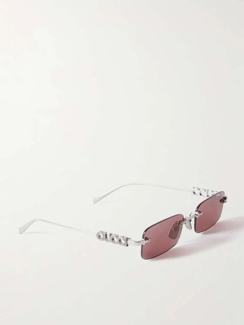 Gucci Eyewear Lettering Rimless Rectangle-frame Crystal-embellished Silver-tone Sunglasses | Thumbnail 3 Gucci Eyewear Lettering Rimless Rectangle-frame Crystal-embellished Silver-tone Sunglasses | Thumbnail 3