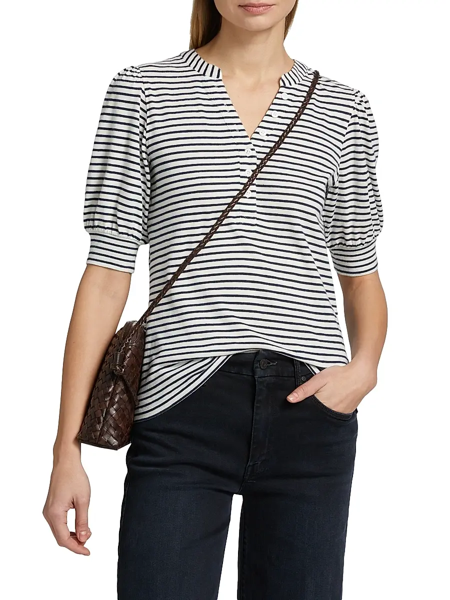 RAILS Women's Jewel Striped Cotton Puff-Sleeve Henley | Thumbnail 3