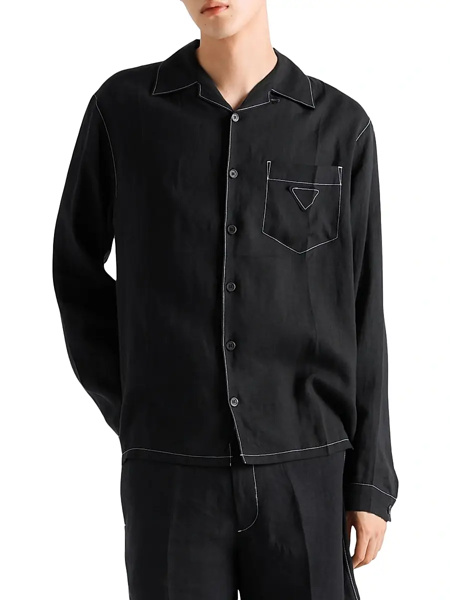 Prada Men's Linen Shirt - Black | Thumbnail 2 Prada Men's Linen Shirt - Black | Thumbnail 2