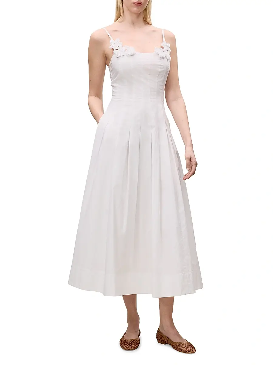 REBECCA TAYLOR Women's Priya Pleated Cotton Fit & Flare Midi-Dress | Thumbnail 3 REBECCA TAYLOR Women's Priya Pleated Cotton Fit & Flare Midi-Dress | Thumbnail 3