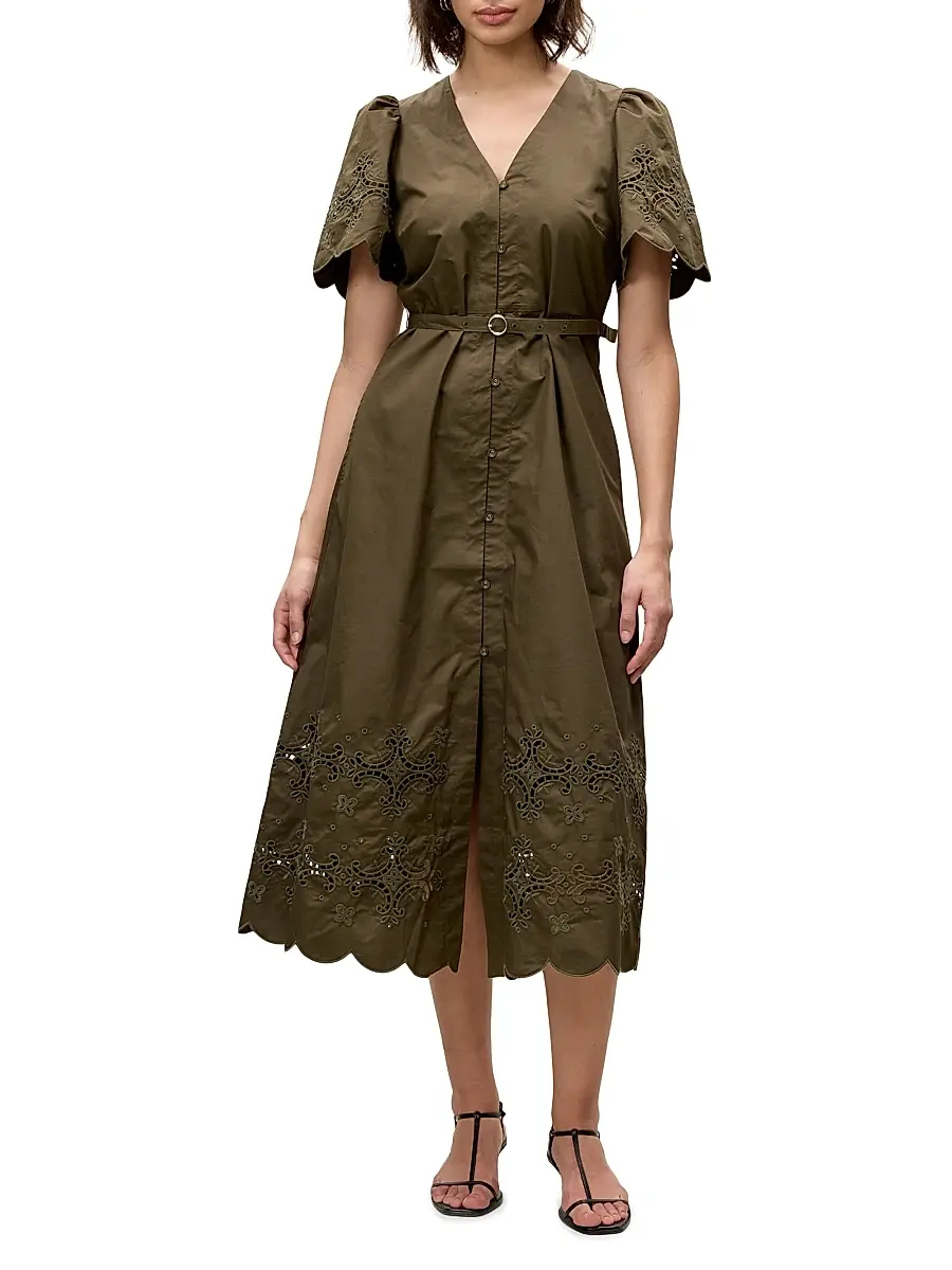 REBECCA TAYLOR Women's Raquel Embroidered Cotton Midi-Shirtdress | Thumbnail 2