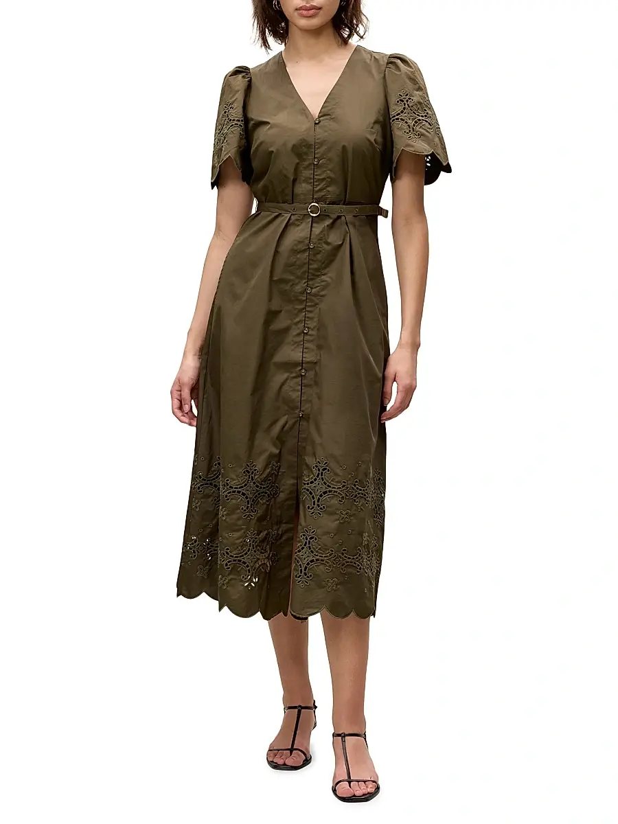 REBECCA TAYLOR Women's Raquel Embroidered Cotton Midi-Shirtdress | Thumbnail 3