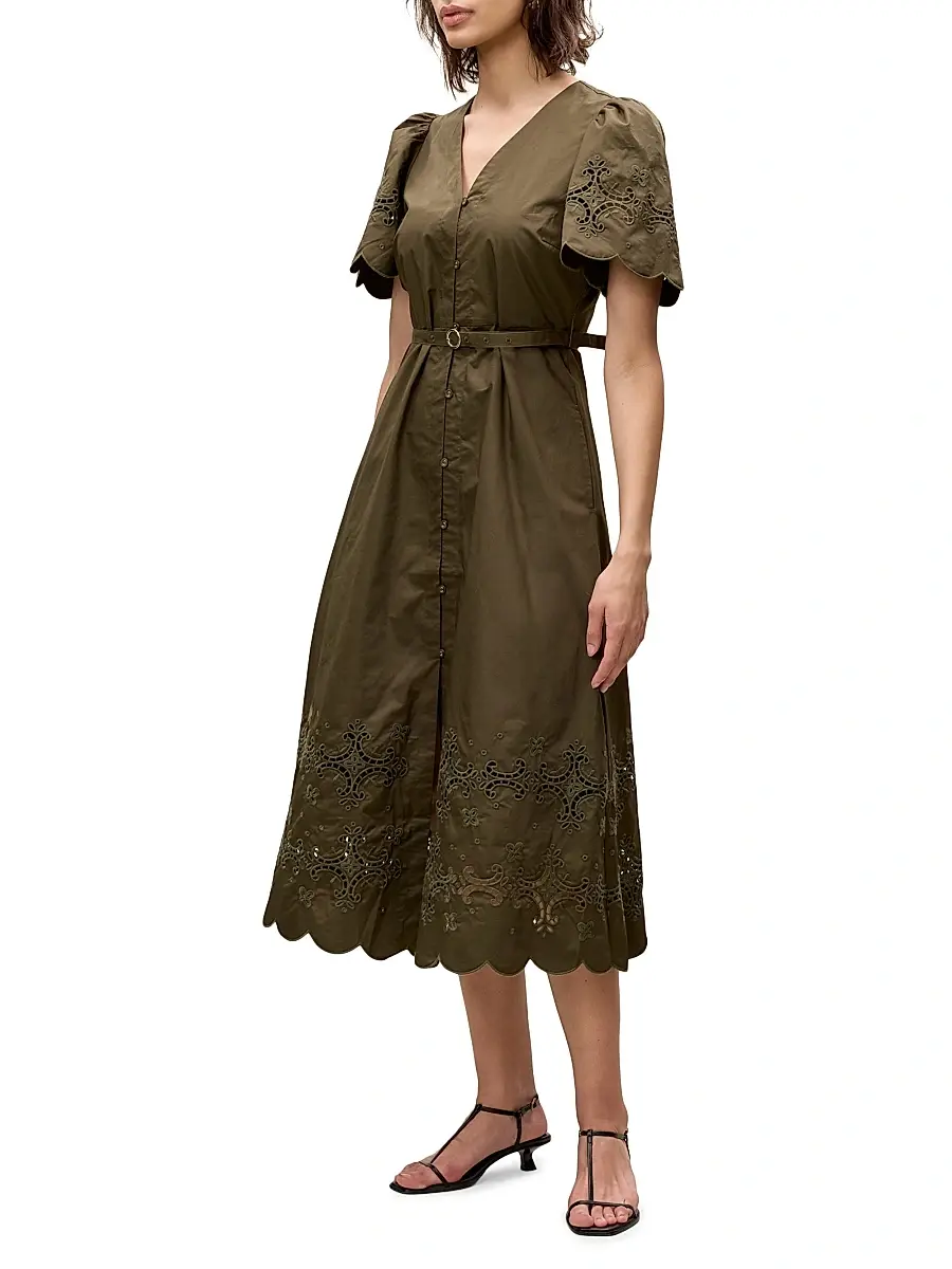 REBECCA TAYLOR Women's Raquel Embroidered Cotton Midi-Shirtdress | Thumbnail 4