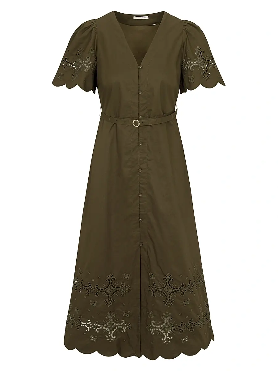 Rebecca Taylor Women's Raquel Embroidered Cotton Midi-Shirtdress - Olive | Image 1 Rebecca Taylor Women's Raquel Embroidered Cotton Midi-Shirtdress - Olive | Image 1
