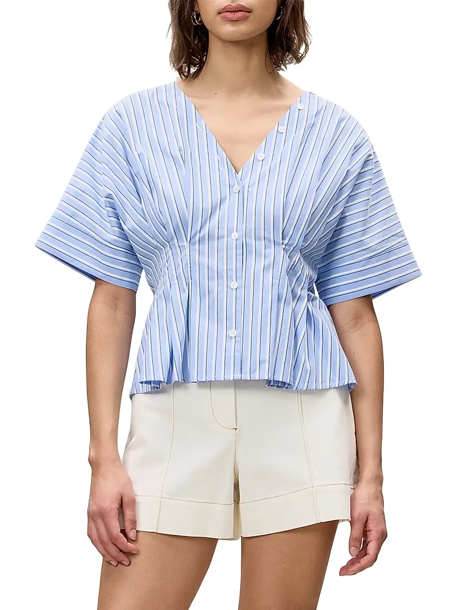 REBECCA TAYLOR Women's Priya Striped Poplin V-Neck Blouse | Thumbnail 3