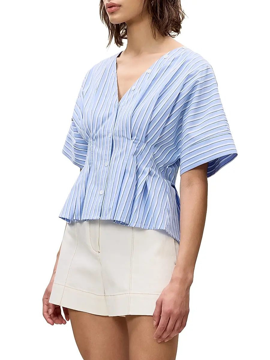 REBECCA TAYLOR Women's Priya Striped Poplin V-Neck Blouse | Thumbnail 4