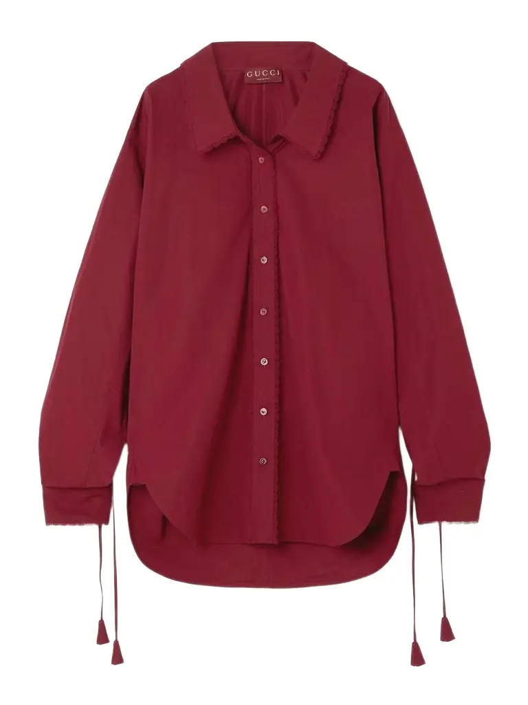 Oversized Tie-detailed Embossed Lace-trimmed Cotton-poplin Shirt
