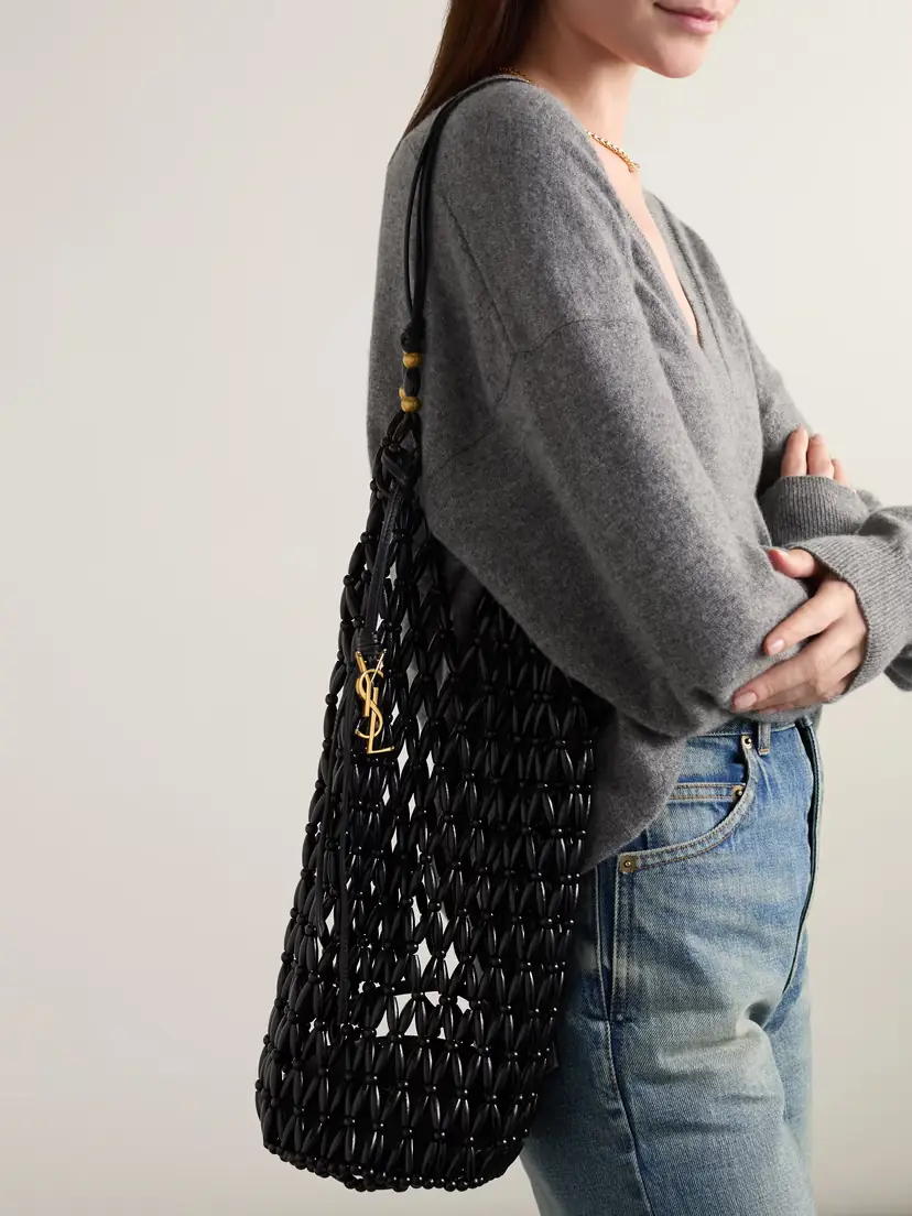 Saint Laurent Leather-trimmed Beaded Wood Tote | Thumbnail 2 Saint Laurent Leather-trimmed Beaded Wood Tote | Thumbnail 2