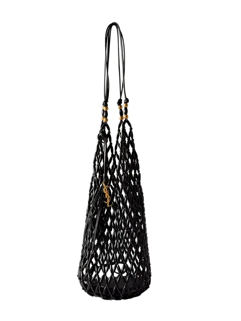 Leather-trimmed Beaded Wood Tote