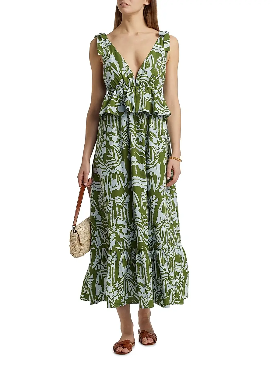 Marie Oliver Women's Whitley Floral Tie-Shoulder Peplum Midi-Dress - Emerald Whisper | Thumbnail 2 Marie Oliver Women's Whitley Floral Tie-Shoulder Peplum Midi-Dress - Emerald Whisper | Thumbnail 2