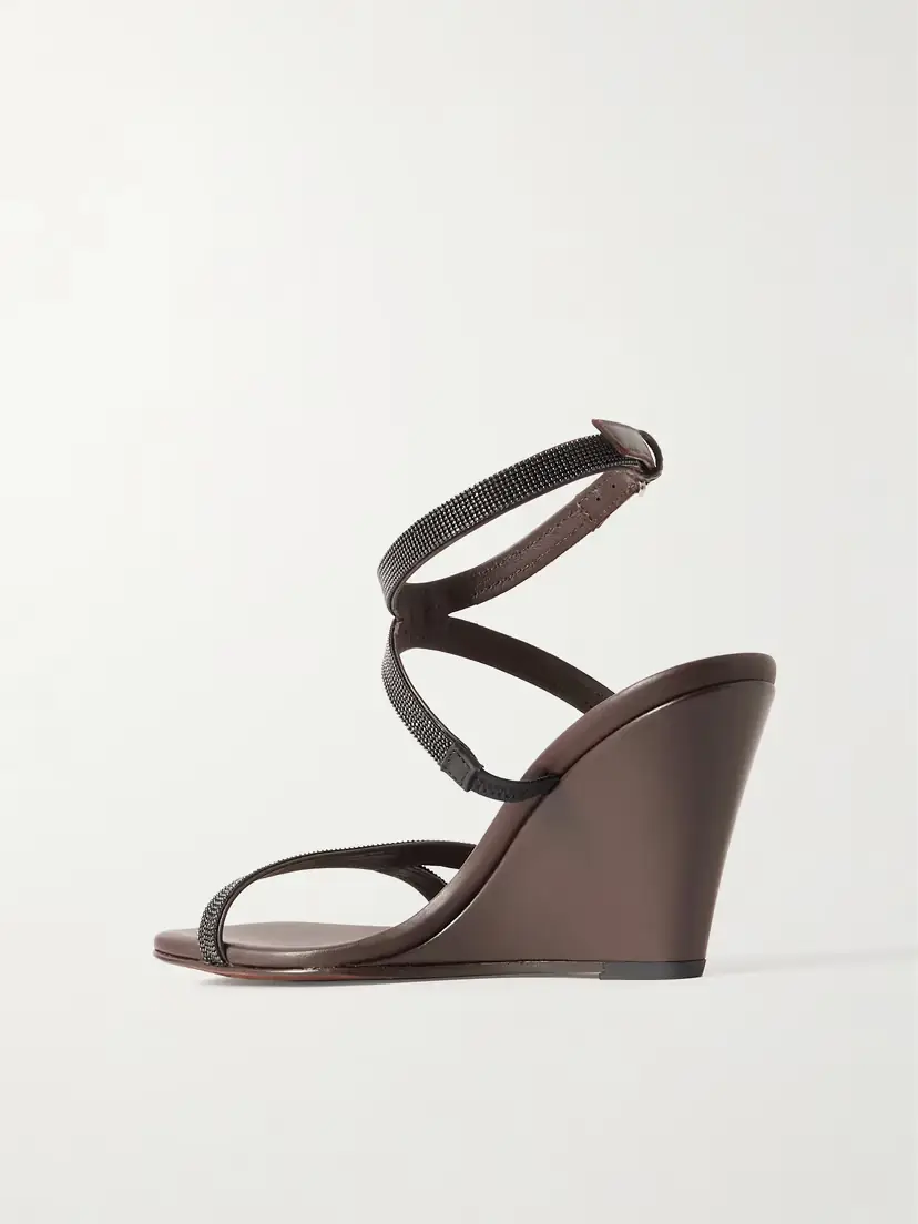 Brunello Cucinelli Bead-embellished Leather Wedge Sandals | Thumbnail 3