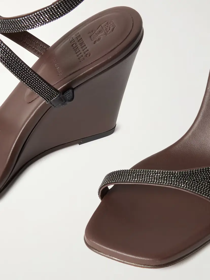 Brunello Cucinelli Bead-embellished Leather Wedge Sandals | Thumbnail 4