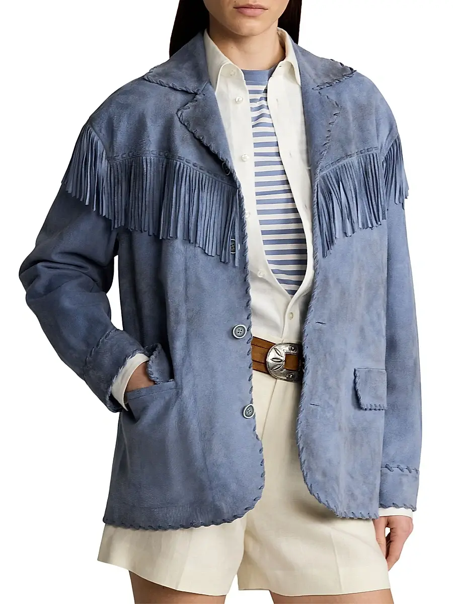 Ralph Lauren Collection Women's Rennie Suede Fringe-Trim Jacket - Cornflower | Thumbnail 3 Ralph Lauren Collection Women's Rennie Suede Fringe-Trim Jacket - Cornflower | Thumbnail 3