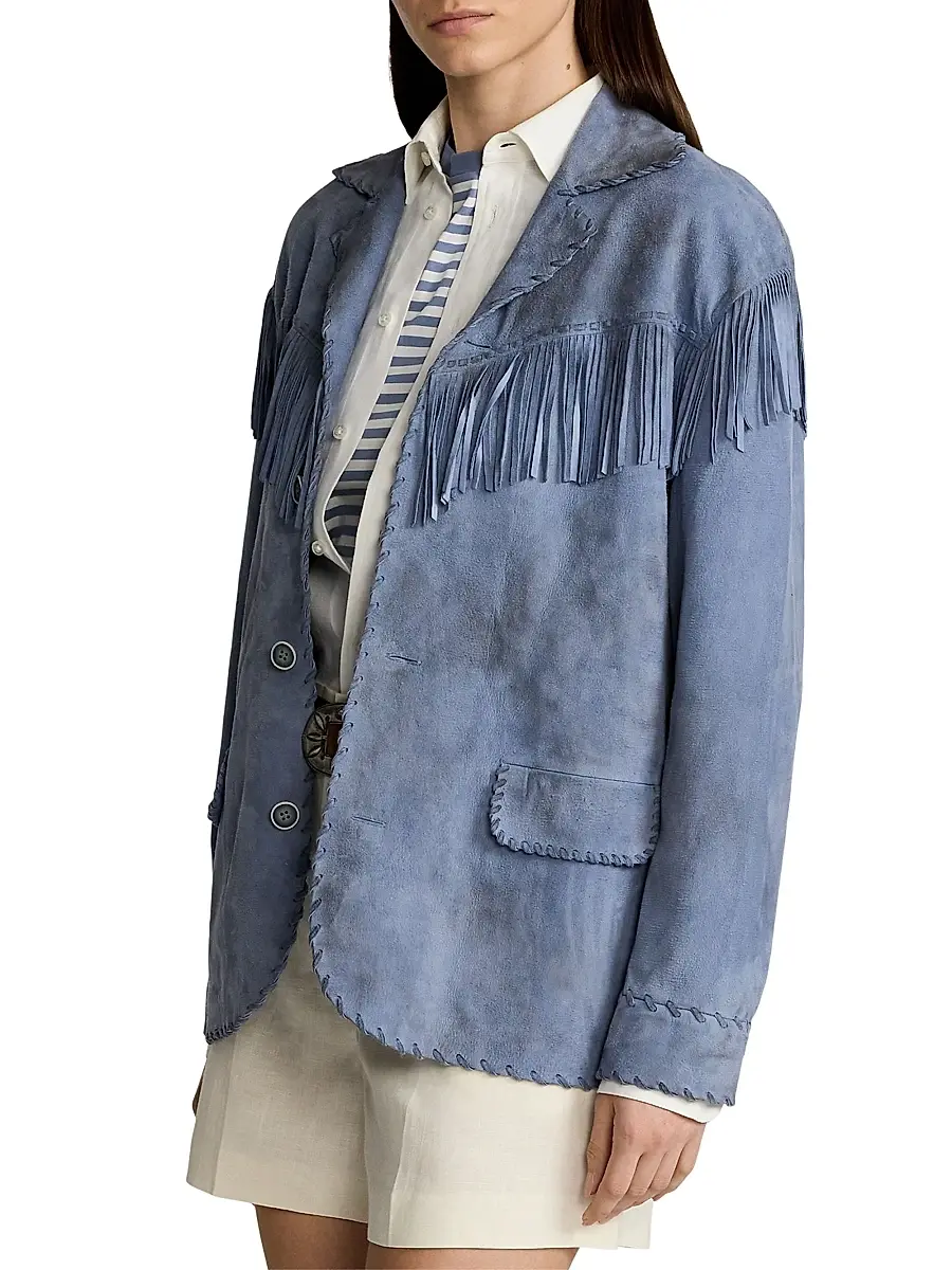 Ralph Lauren Collection Women's Rennie Suede Fringe-Trim Jacket - Cornflower | Thumbnail 4 Ralph Lauren Collection Women's Rennie Suede Fringe-Trim Jacket - Cornflower | Thumbnail 4