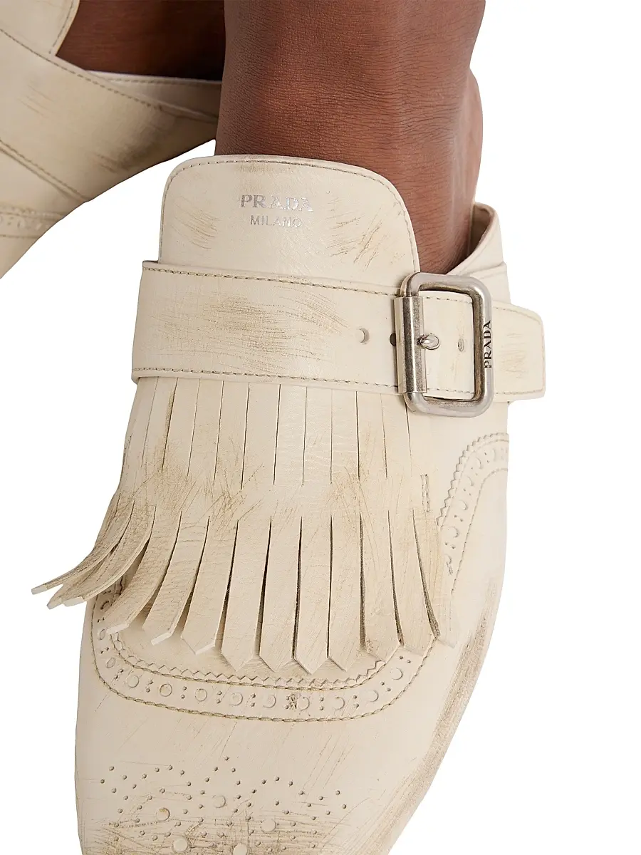 Prada Women's Shuffle Fringed Leather Mules - Beige Khaki | Thumbnail 5 Prada Women's Shuffle Fringed Leather Mules - Beige Khaki | Thumbnail 5