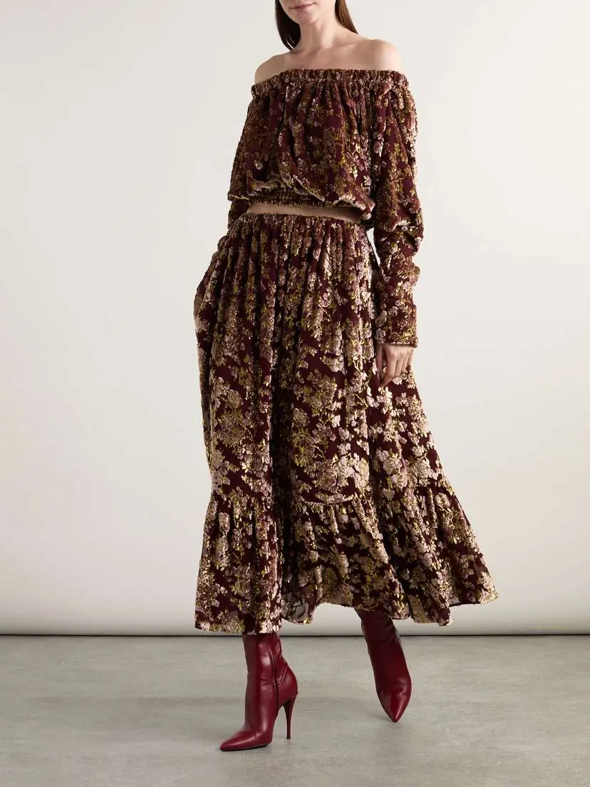 Saint Laurent Tiered Metallic Devoré-velvet Maxi Skirt | Thumbnail 2 Saint Laurent Tiered Metallic Devoré-velvet Maxi Skirt | Thumbnail 2