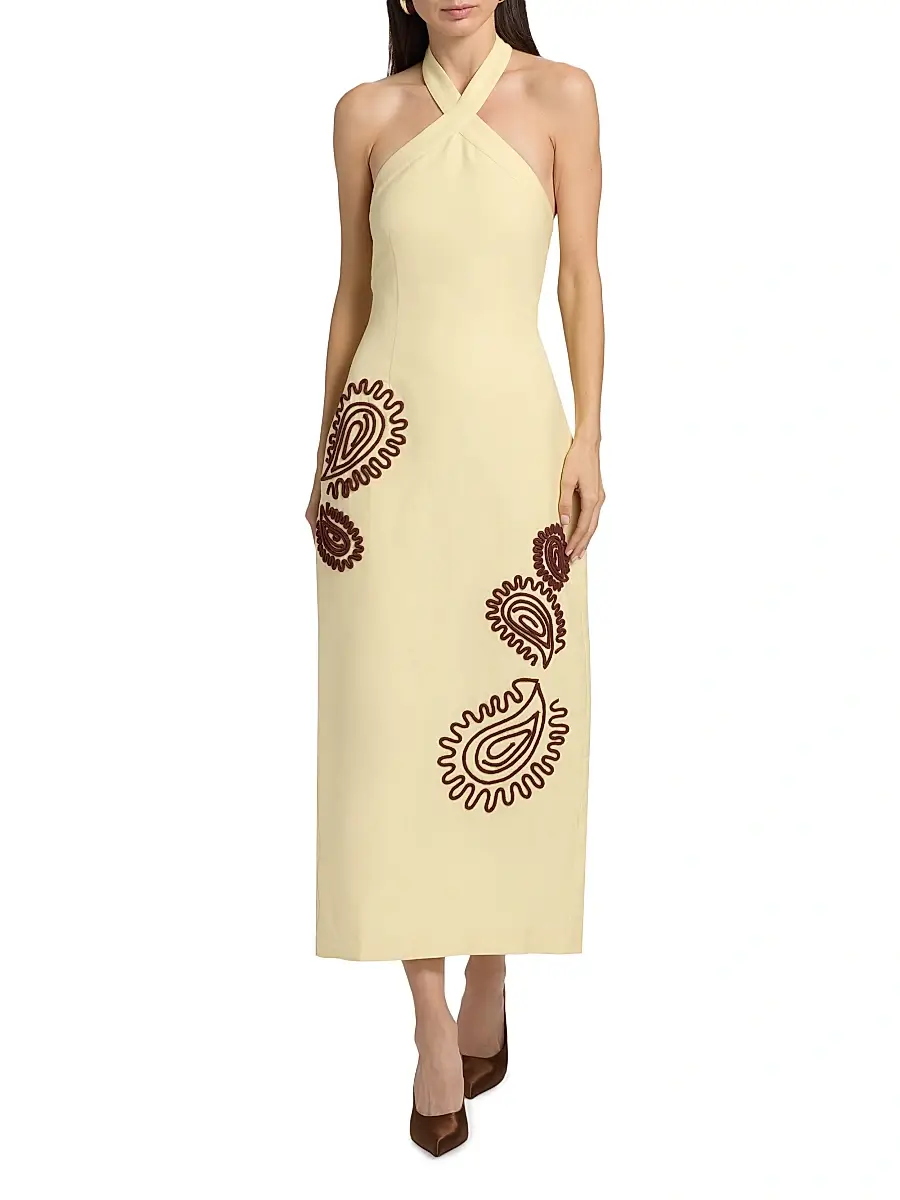 Significant Other Women's Carly Embroidered Linen-Blend Halterneck Midi-Dress | Thumbnail 3