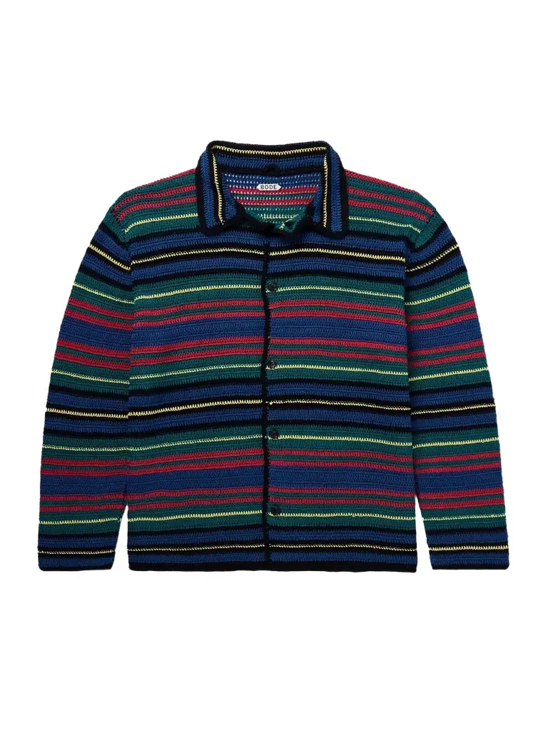 Riverbank Striped Crocheted Cotton Shirt - Men Riverbank Striped Crocheted Cotton Shirt - Men