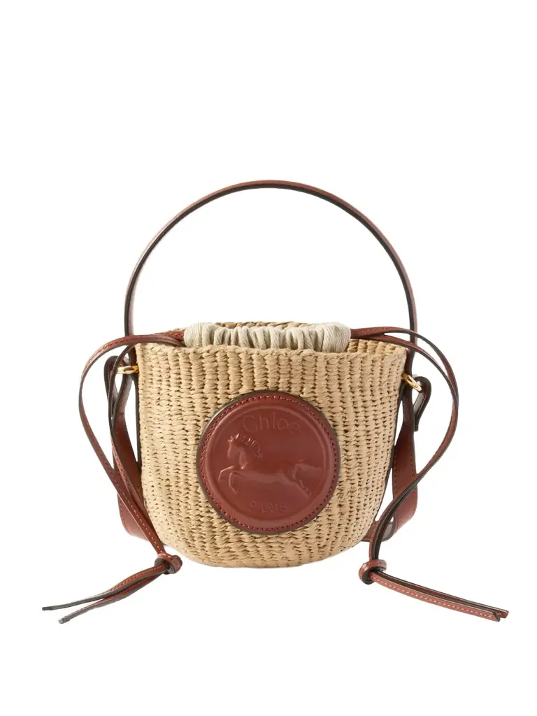 Embossed Leather-trimmed Raffia-like Bucket Bag