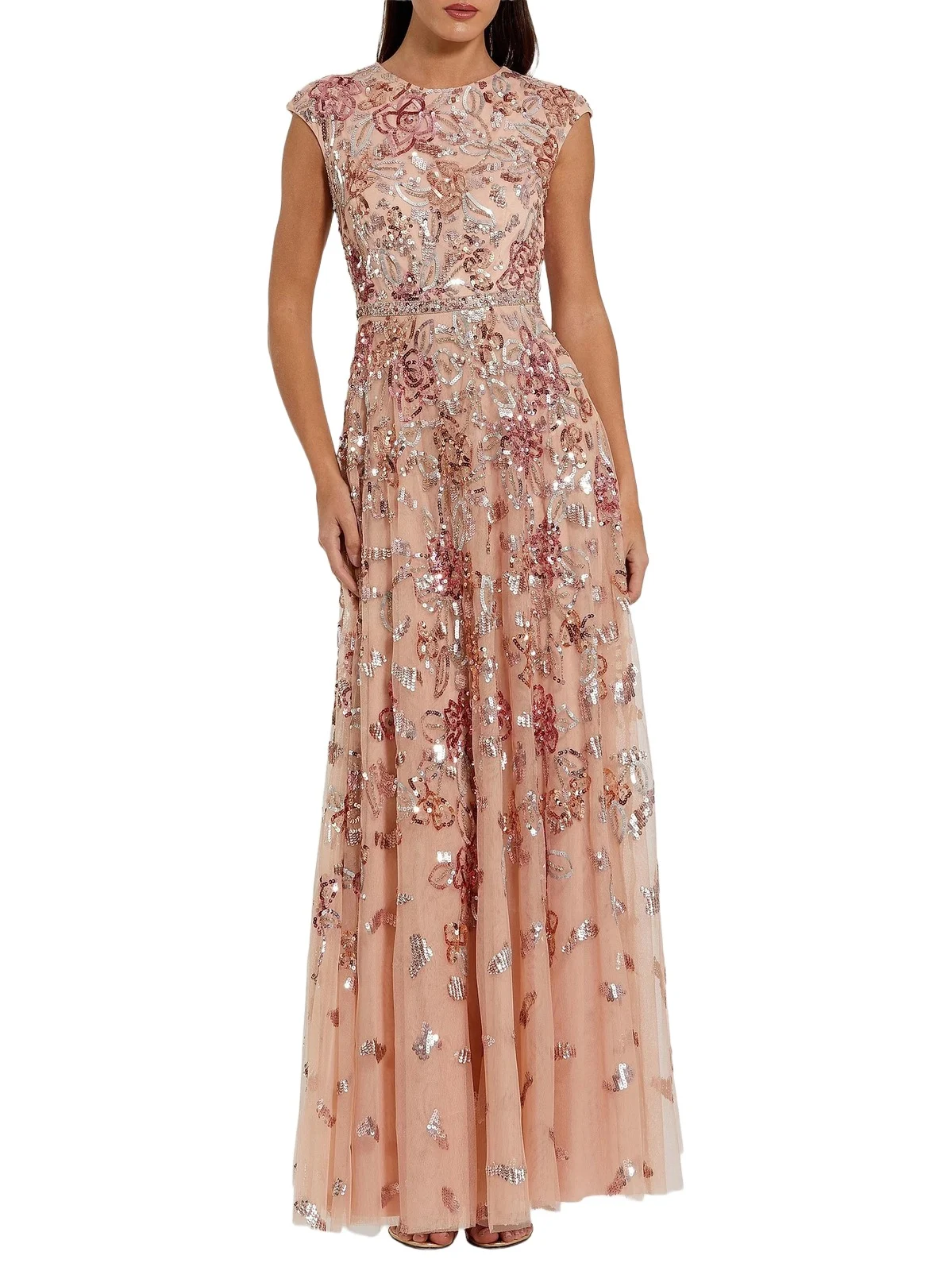 Women's Evening Sequined Cap-Sleeve A-Line Gown