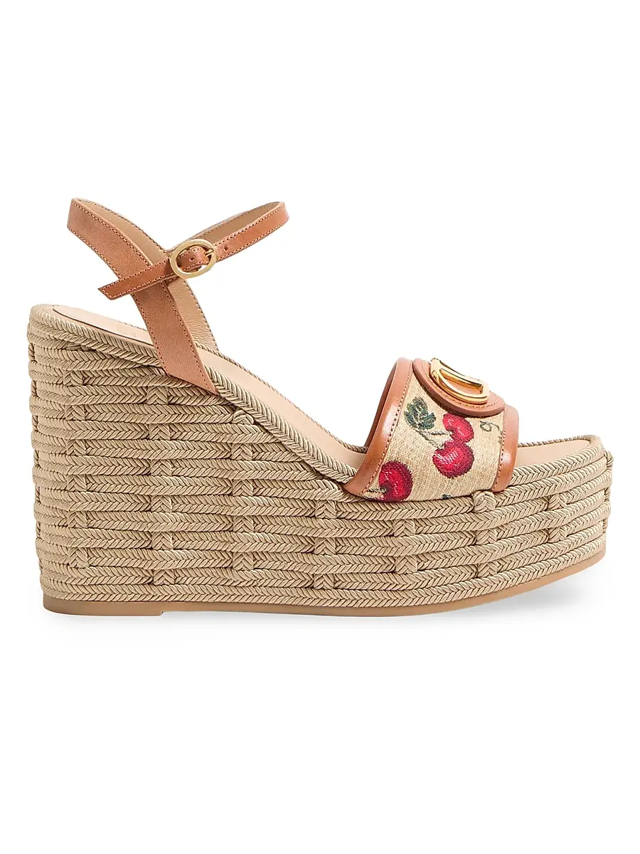 Valentino Garavani Women's VLogo Signature Cherryfic Pattern Wedge Sandals 120MM - Natural Red Multicolor | Image 1 Valentino Garavani Women's VLogo Signature Cherryfic Pattern Wedge Sandals 120MM - Natural Red Multicolor | Image 1