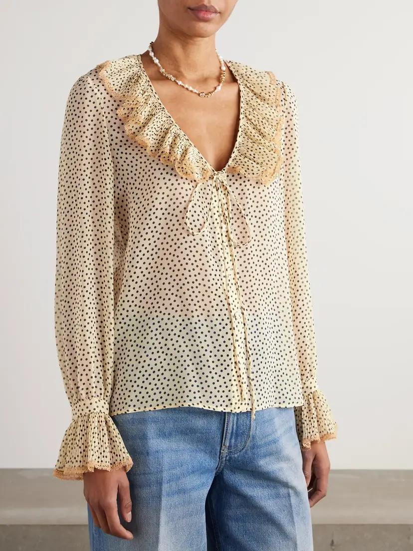 Valentino Garavani Lace-trimmed Ruffled Polka-dot Silk-chiffon Blouse | Thumbnail 3 Valentino Garavani Lace-trimmed Ruffled Polka-dot Silk-chiffon Blouse | Thumbnail 3