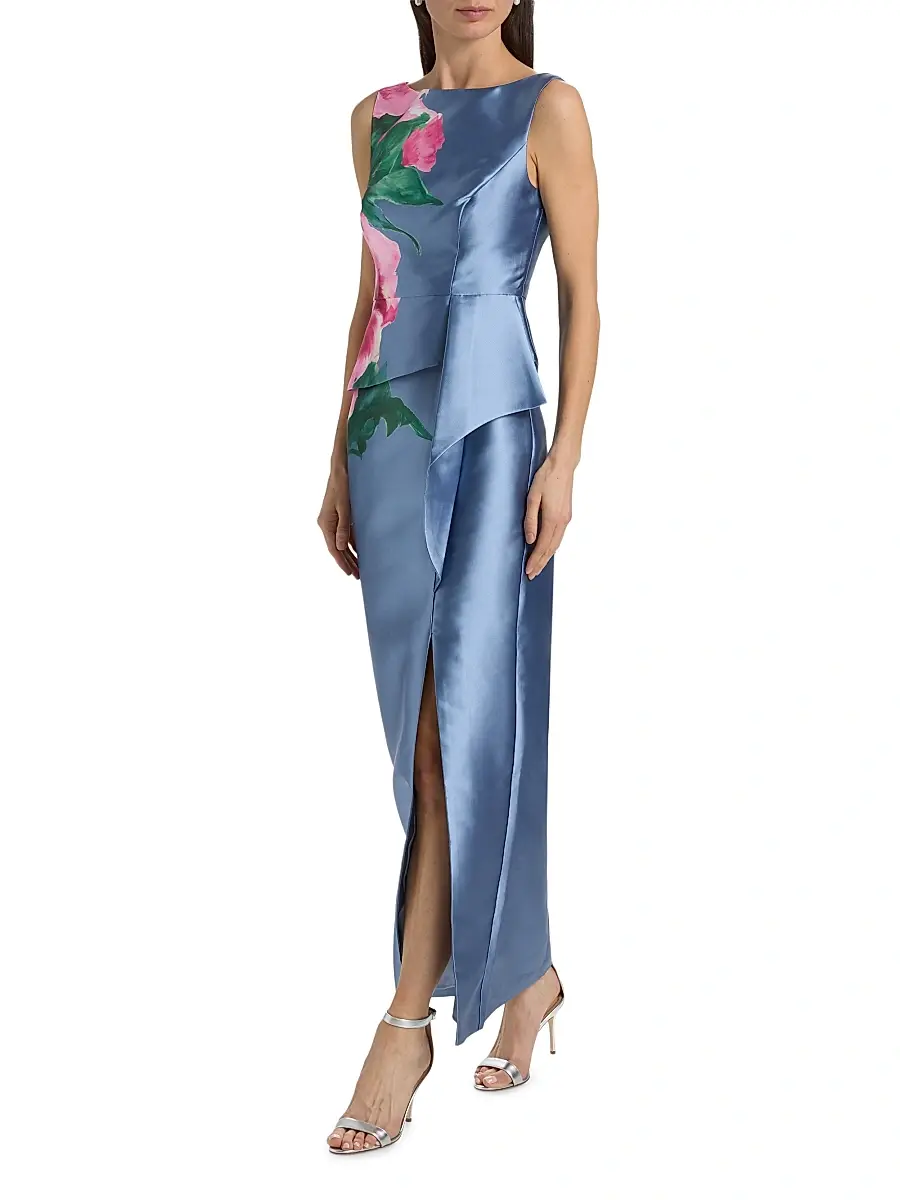 Kay Unger Women's Luciana Satin Floral Column Gown | Thumbnail 2 Kay Unger Women's Luciana Satin Floral Column Gown | Thumbnail 2
