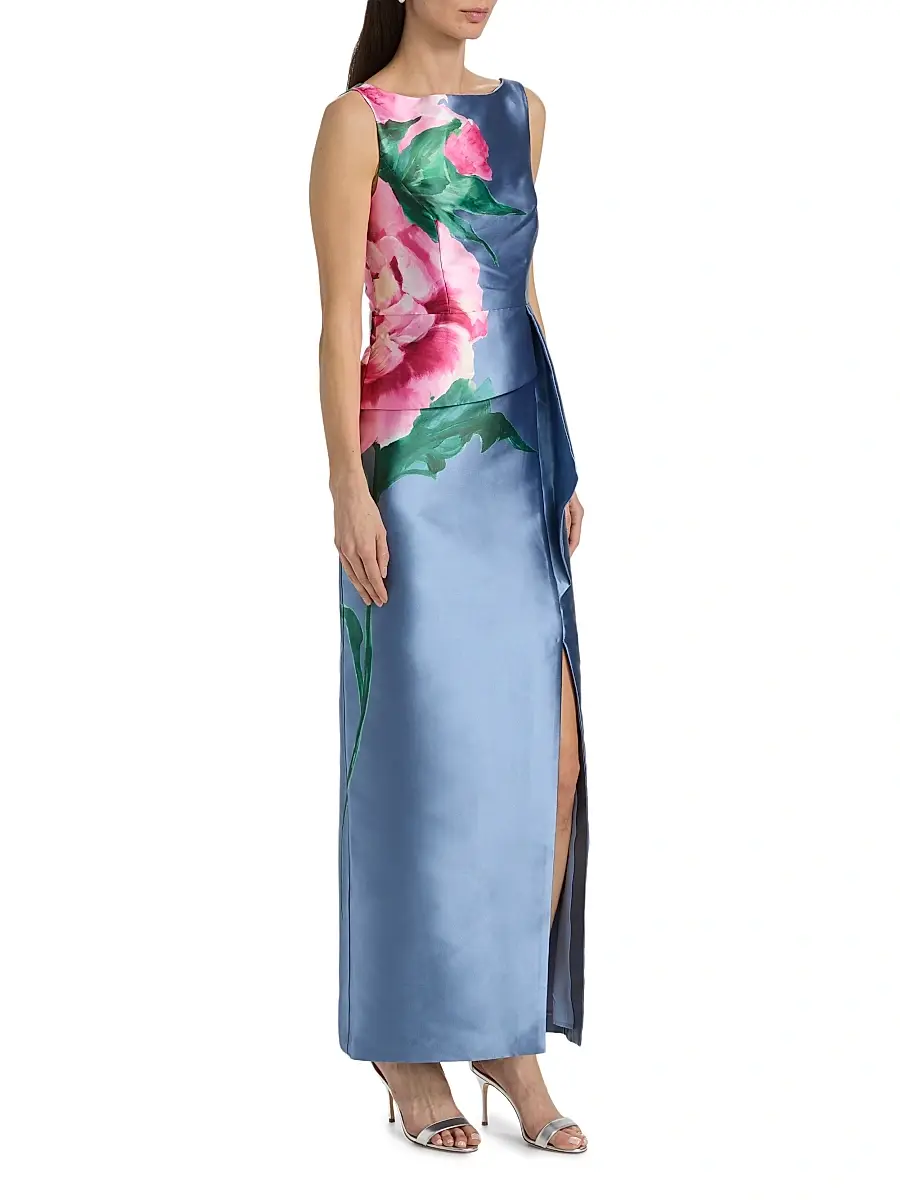 Kay Unger Women's Luciana Satin Floral Column Gown | Thumbnail 4 Kay Unger Women's Luciana Satin Floral Column Gown | Thumbnail 4
