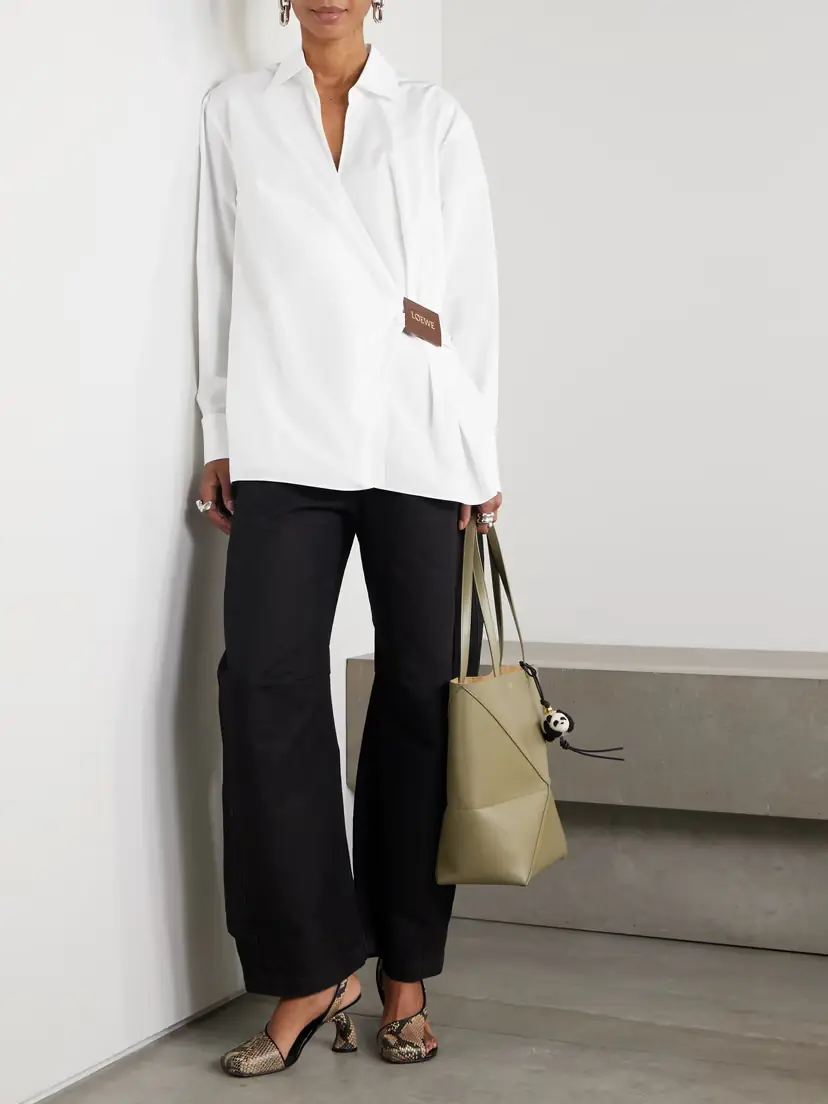 Loewe Wrap-effect Leather-trimmed Cotton-poplin Shirt | Thumbnail 2 Loewe Wrap-effect Leather-trimmed Cotton-poplin Shirt | Thumbnail 2