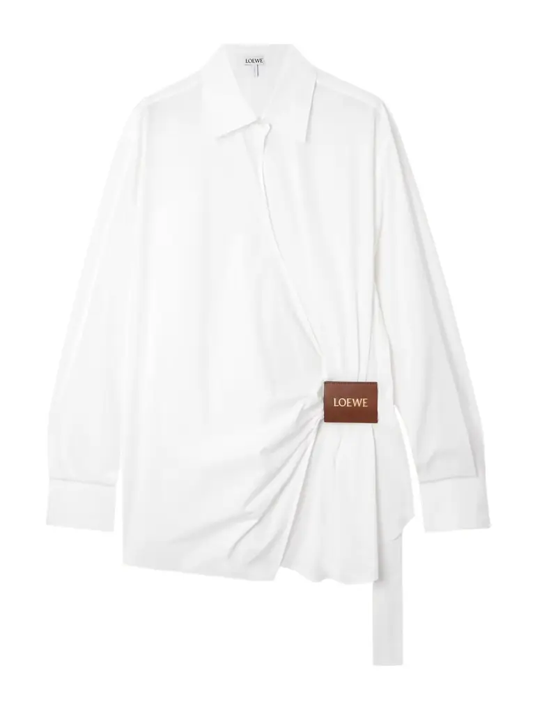 Wrap-effect Leather-trimmed Cotton-poplin Shirt Wrap-effect Leather-trimmed Cotton-poplin Shirt
