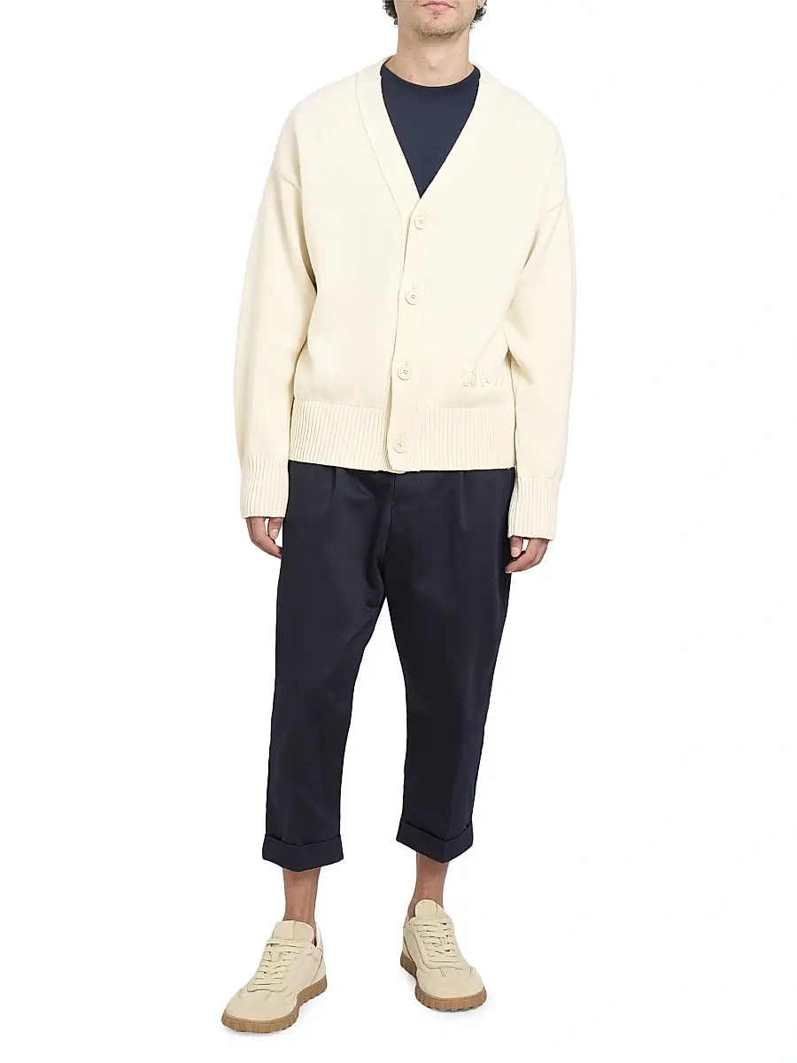 AMI Paris Men's Embroidered Logo Cotton Knit Cardigan - White Cream | Thumbnail 2 AMI Paris Men's Embroidered Logo Cotton Knit Cardigan - White Cream | Thumbnail 2