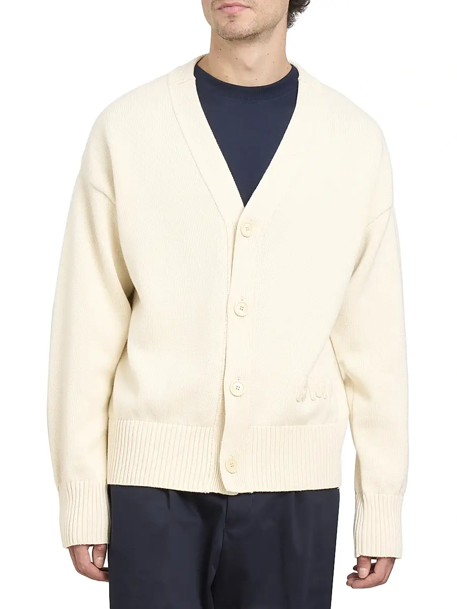 AMI Paris Men's Embroidered Logo Cotton Knit Cardigan - White Cream | Thumbnail 3 AMI Paris Men's Embroidered Logo Cotton Knit Cardigan - White Cream | Thumbnail 3