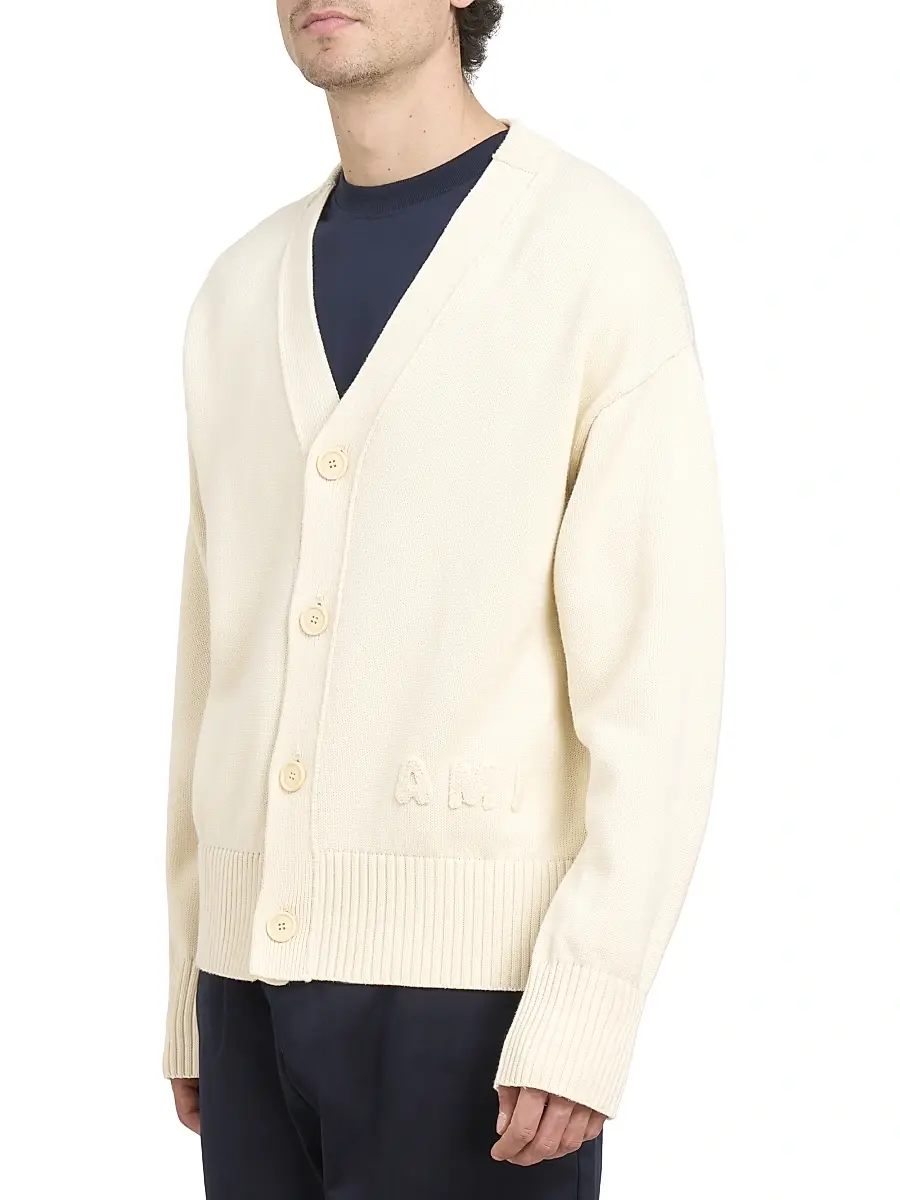 AMI Paris Men's Embroidered Logo Cotton Knit Cardigan - White Cream | Thumbnail 4 AMI Paris Men's Embroidered Logo Cotton Knit Cardigan - White Cream | Thumbnail 4