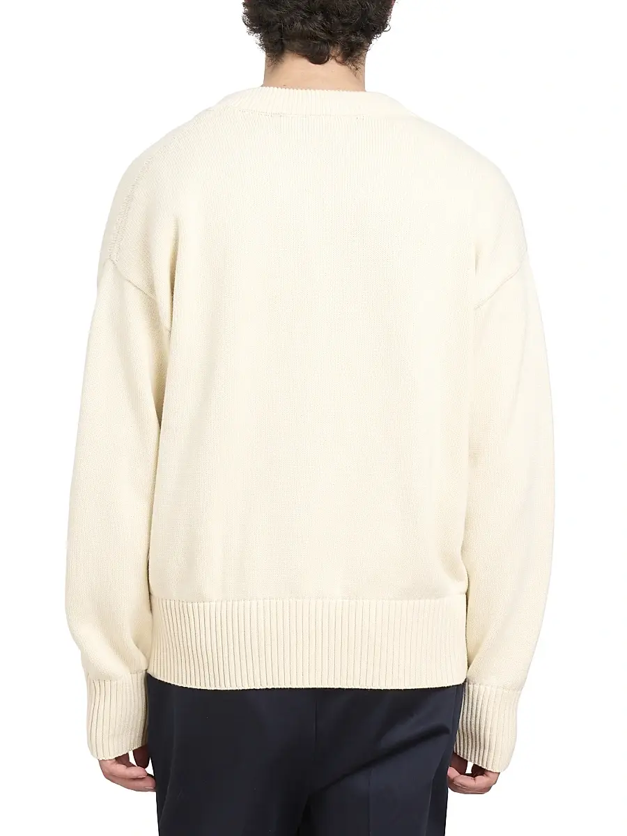 AMI Paris Men's Embroidered Logo Cotton Knit Cardigan - White Cream | Thumbnail 5 AMI Paris Men's Embroidered Logo Cotton Knit Cardigan - White Cream | Thumbnail 5