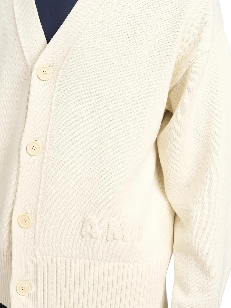 AMI Paris Men's Embroidered Logo Cotton Knit Cardigan - White Cream | Thumbnail 6 AMI Paris Men's Embroidered Logo Cotton Knit Cardigan - White Cream | Thumbnail 6
