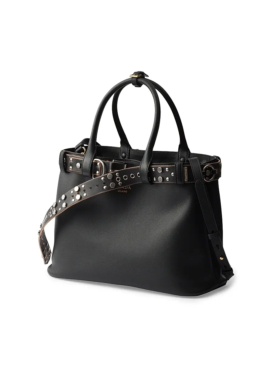 Prada Women's Buckle Leather Bag with Studded Belt - Brown | Thumbnail 3 Prada Women's Buckle Leather Bag with Studded Belt - Brown | Thumbnail 3