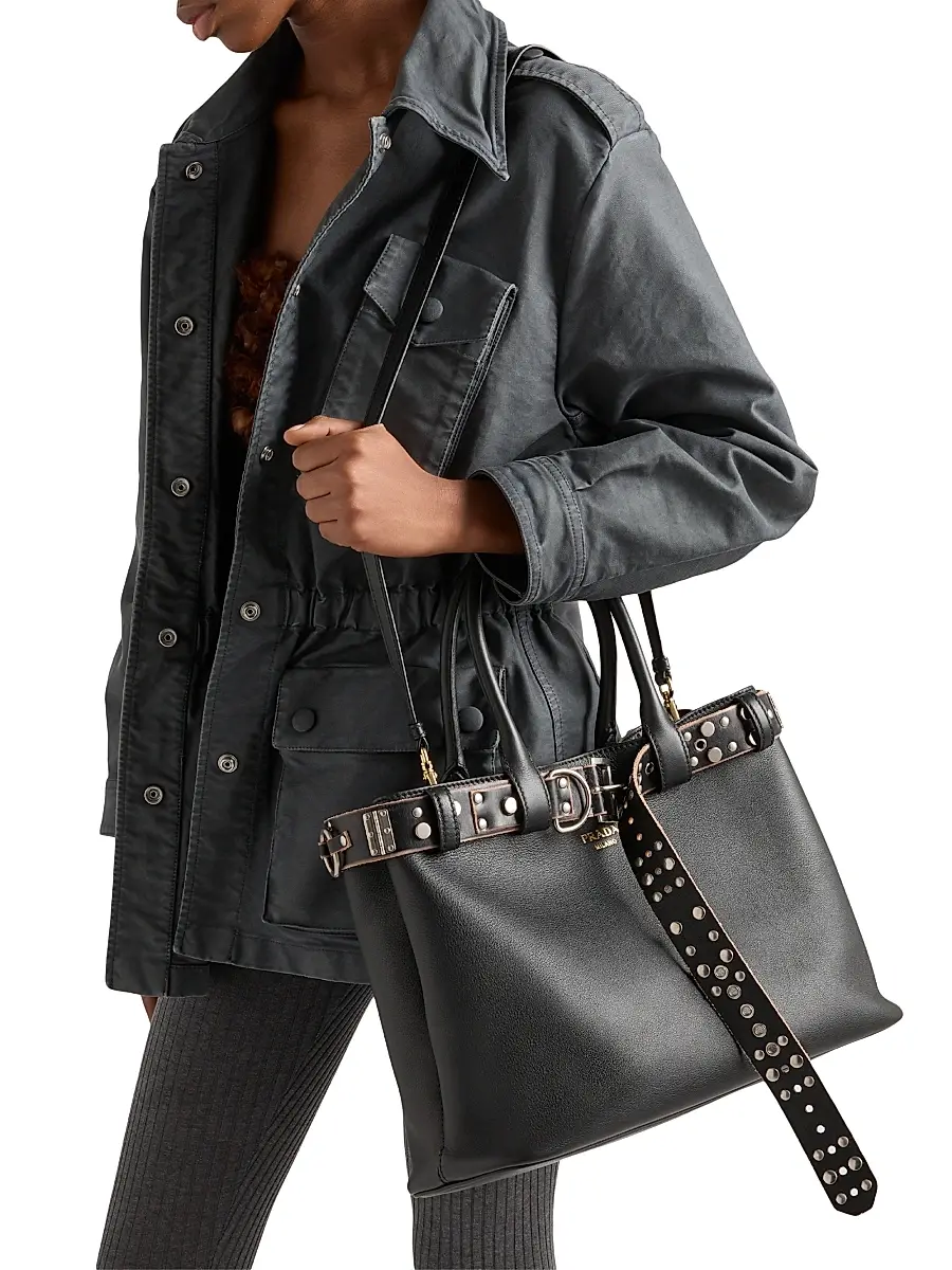 Prada Women's Buckle Leather Bag with Studded Belt - Brown | Thumbnail 7 Prada Women's Buckle Leather Bag with Studded Belt - Brown | Thumbnail 7