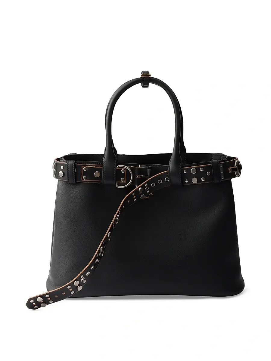 Women's Buckle Leather Bag with Studded Belt - Brown