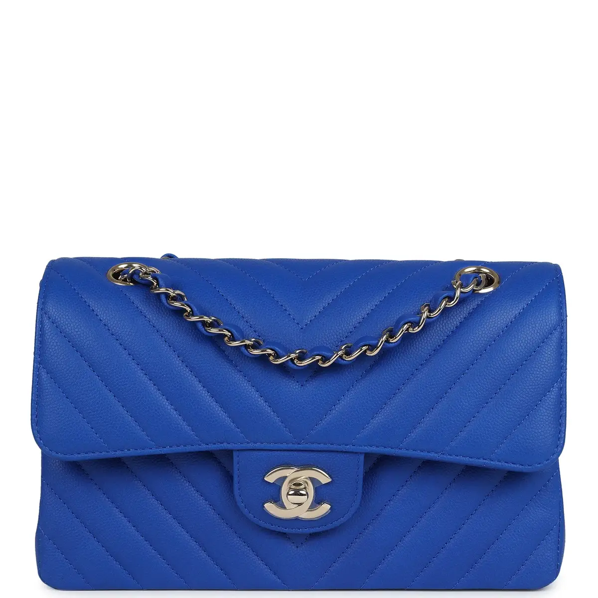 Chanel Chanel Small Classic Double Flap Blue Chevron Caviar Light Gold Hardware | Image 1 Chanel Chanel Small Classic Double Flap Blue Chevron Caviar Light Gold Hardware | Image 1
