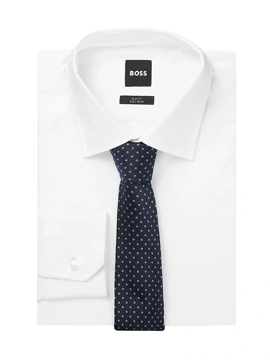 BOSS Men's Silk Blend Tie with Jacquard Woven Pattern - Dark Blue | Thumbnail 2 BOSS Men's Silk Blend Tie with Jacquard Woven Pattern - Dark Blue | Thumbnail 2