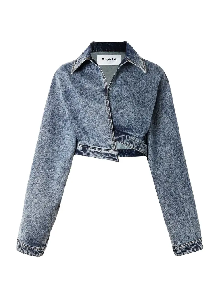 Alaïa Cropped Asymmetric Denim Jacket | Image 1 Alaïa Cropped Asymmetric Denim Jacket | Image 1
