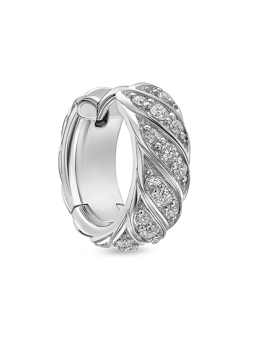 David Yurman Men's Sculpted Cable Hoop Earring in 18K White Gold with Diamonds, 12.8MM - Silver | Image 1 David Yurman Men's Sculpted Cable Hoop Earring in 18K White Gold with Diamonds, 12.8MM - Silver | Image 1