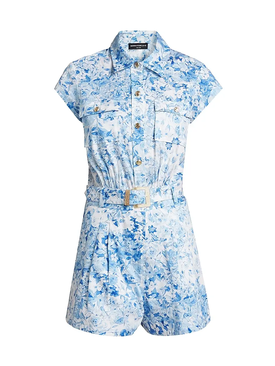 Generation Love Women's Morgan Floral Poplin Romper - Zesty Floral White Blue | Image 1 Generation Love Women's Morgan Floral Poplin Romper - Zesty Floral White Blue | Image 1