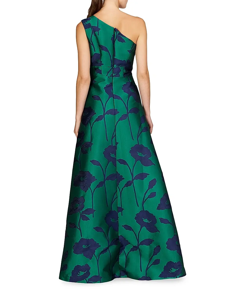 Kay Unger Women's Tiara Floral Jacqaurd One-Shoulder Gown | Thumbnail 4 Kay Unger Women's Tiara Floral Jacqaurd One-Shoulder Gown | Thumbnail 4