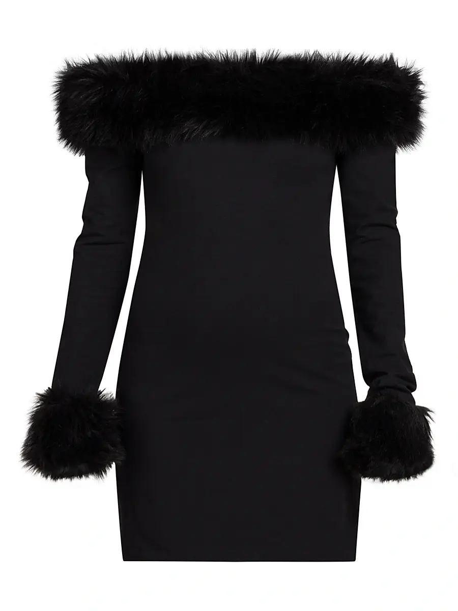 Heron Preston Women's Off-the-Shoulder Faux Fur Minidress - Black | Image 1 Heron Preston Women's Off-the-Shoulder Faux Fur Minidress - Black | Image 1