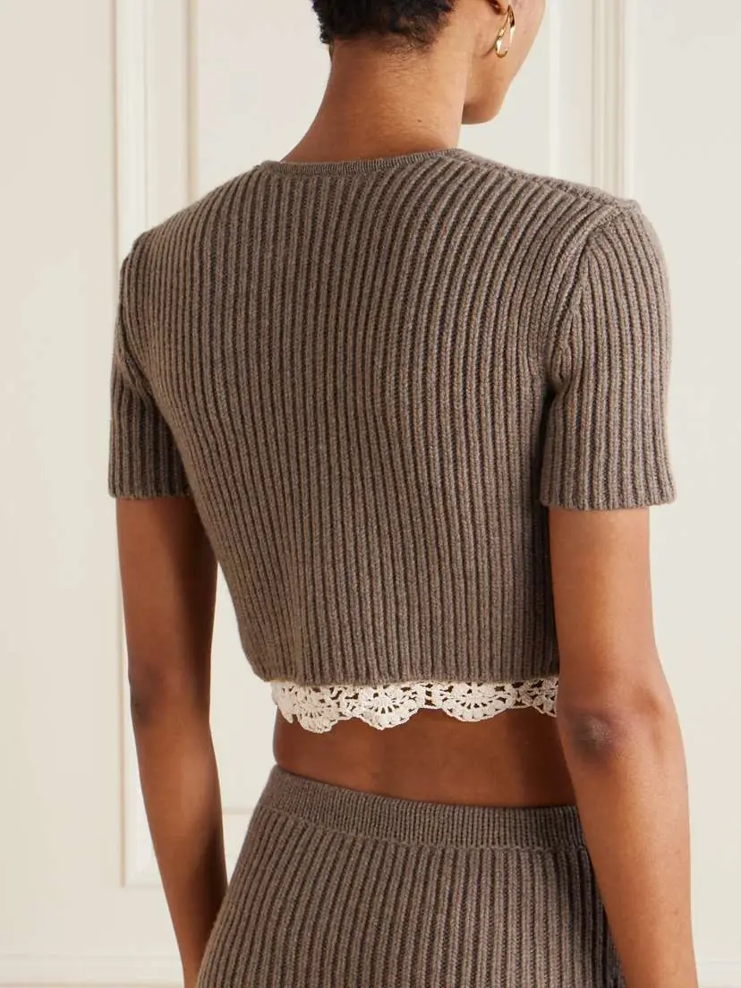 Magda Butrym Cropped Cotton Crochet-trimmed Ribbed Cashmere Cardigan | Thumbnail 3